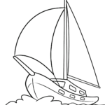 A clean, black-and-white line art illustration of a simple sailboat with a triangular sail, designed for children to color with crayons or markers.