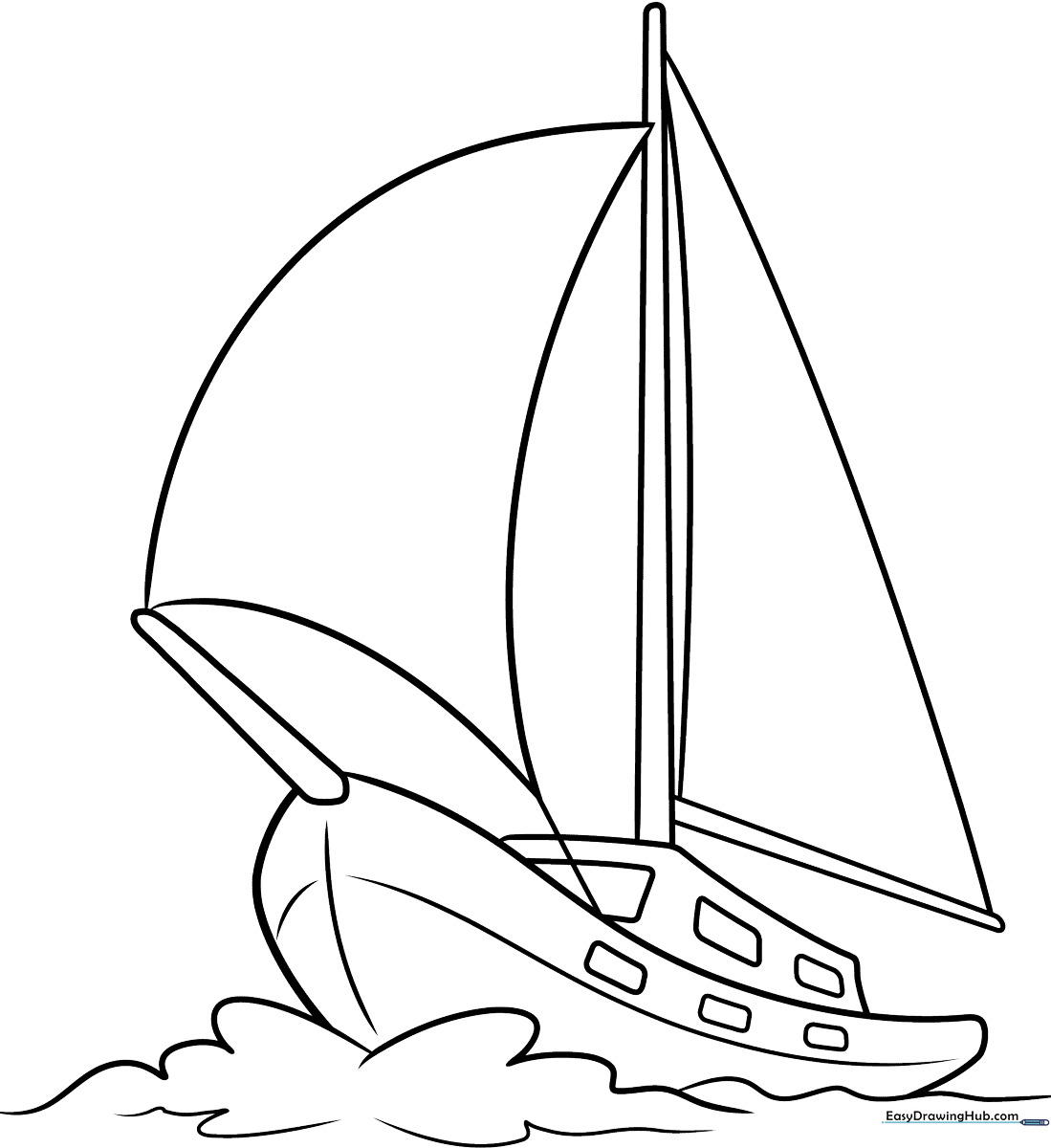 A clean, black-and-white line art illustration of a simple sailboat with a triangular sail, designed for children to color with crayons or markers.