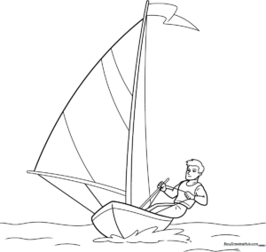 Black and white sailboat outline with clear, bold lines for children to color, featuring a triangular sail and a sturdy hull on gentle waves.
