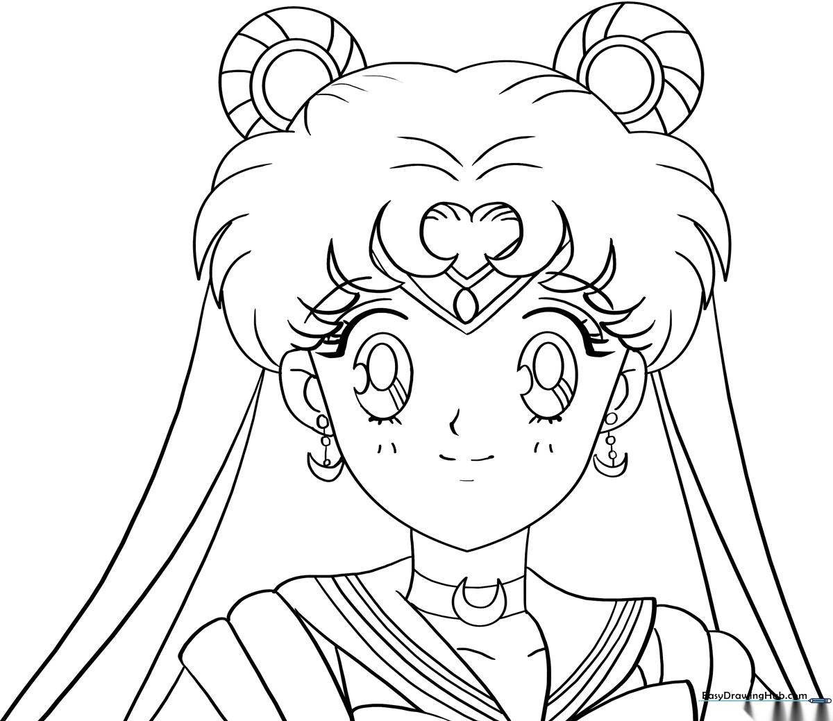 Line art illustration of Sailor Moon in her classic uniform, featuring clean outlines for easy coloring by children.
