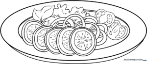 A clean, black-and-white line art illustration of a bowl filled with various salad vegetables, designed for children to color.
