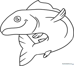 Black and white line art of a salmon swimming, featuring clear outlines for easy coloring by young children.