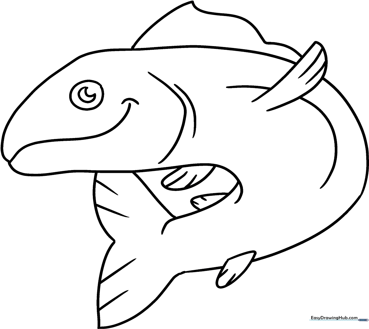 Black and white line art of a salmon swimming, featuring clear outlines for easy coloring by young children.