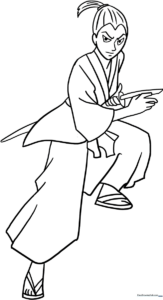 Black and white line art of a traditional Samurai warrior in full armor, featuring clear outlines for easy coloring and educational practice.