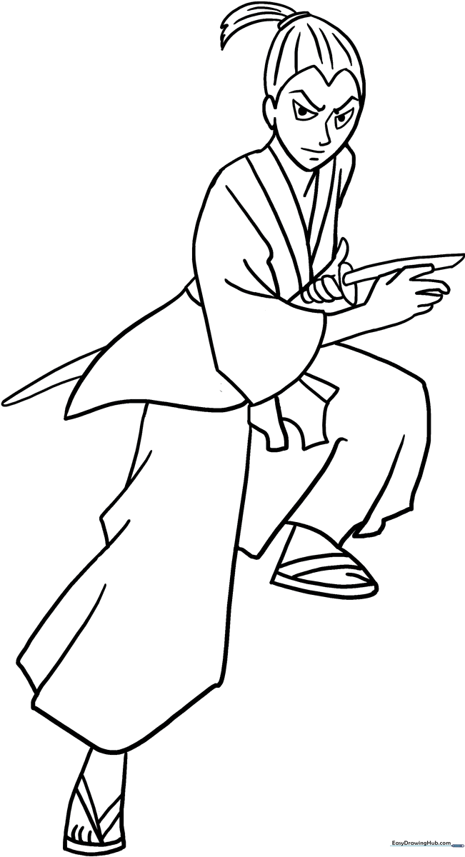Black and white line art of a traditional Samurai warrior in full armor, featuring clear outlines for easy coloring and educational practice.