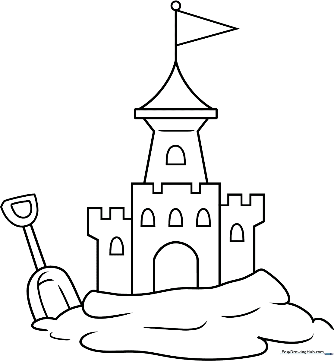 Black and white line art of a whimsical sand castle with towers, flags, and a seashell, ready for children to color.