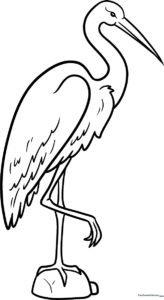 Black and white line art of a Sandhill Crane standing in a wetland, featuring clear outlines for easy coloring by children.