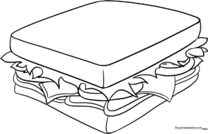 Black and white line art of a layered sandwich with lettuce, tomato, and cheese, designed for children to color.