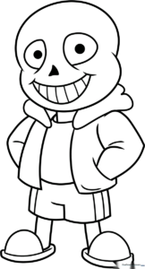 Black and white line art of Sans from Undertale featuring his signature hoodie, shorts, and wide grin, ready for coloring.