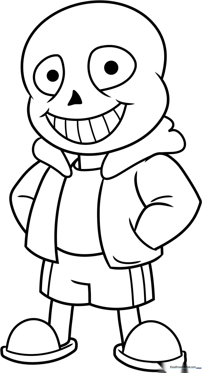 Black and white line art of Sans from Undertale featuring his signature hoodie, shorts, and wide grin, ready for coloring.