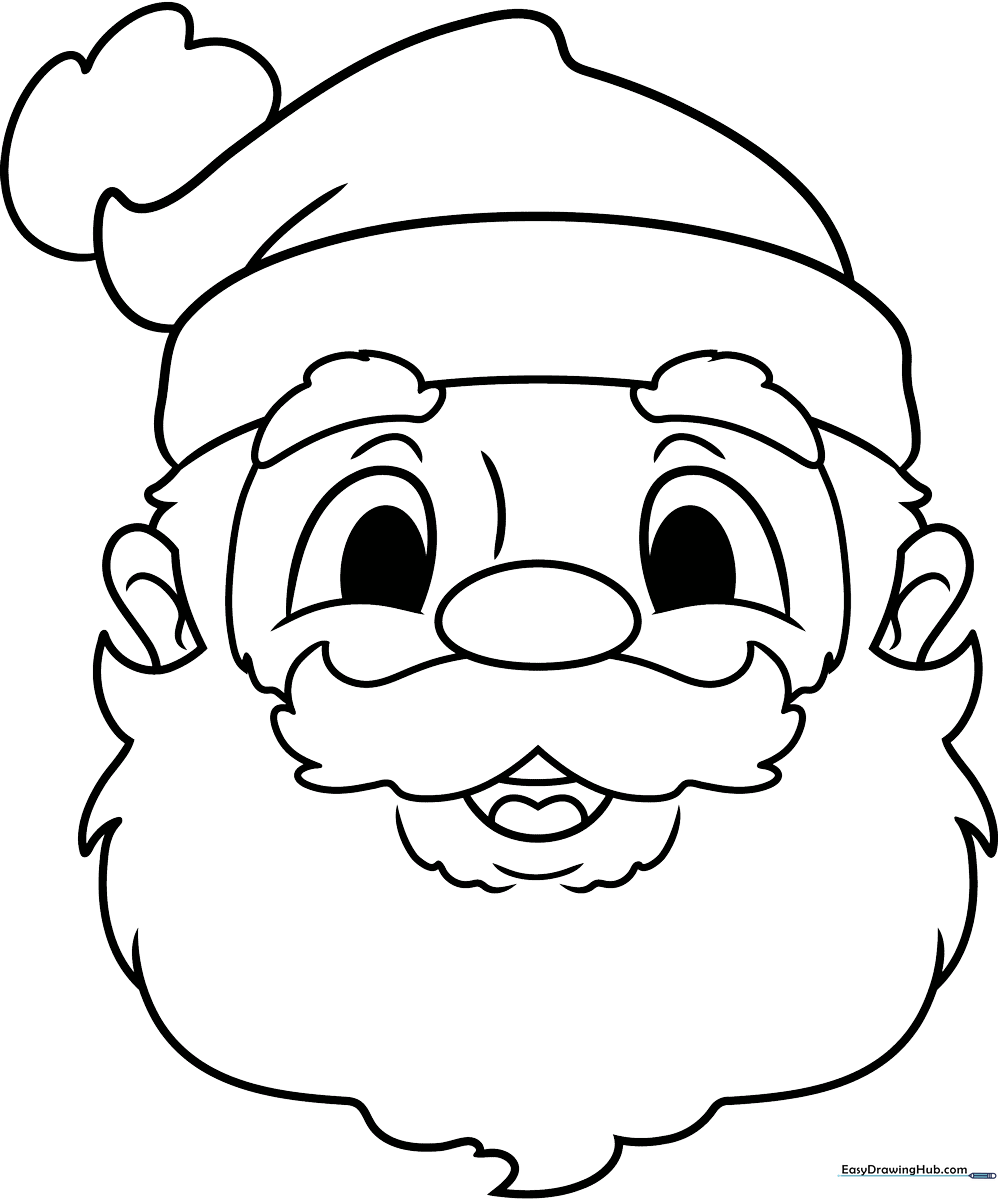 Black and white line art of a friendly Santa Claus face with a large mustache and fluffy beard, ready for coloring.