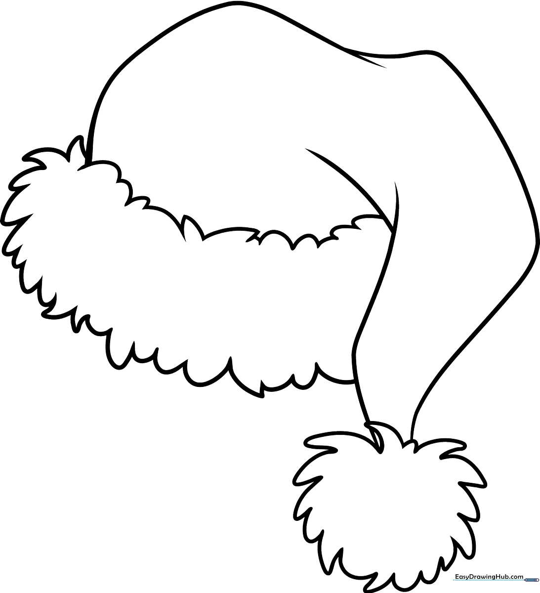 Black and white line art of a classic Santa Claus hat with a fluffy brim and pom-pom, ready for children to color.