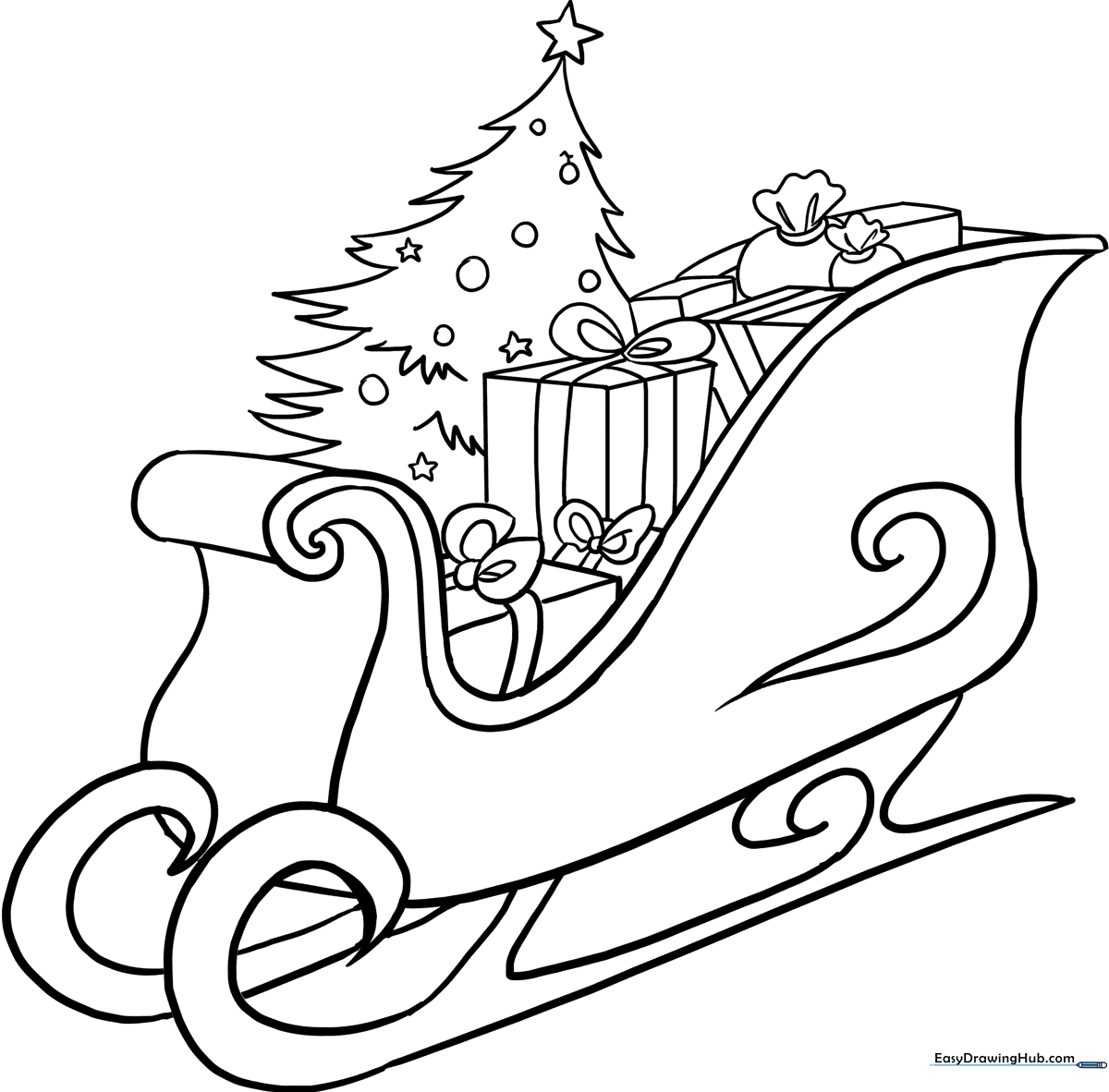 Black and white line art of Santa's sleigh with ornate runners and a large gift sack, ready for children to color with crayons or markers.