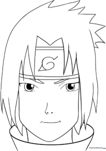 Black and white line art of Sasuke Uchiha standing in a classic anime pose, featuring clean outlines perfect for coloring with markers or pencils.