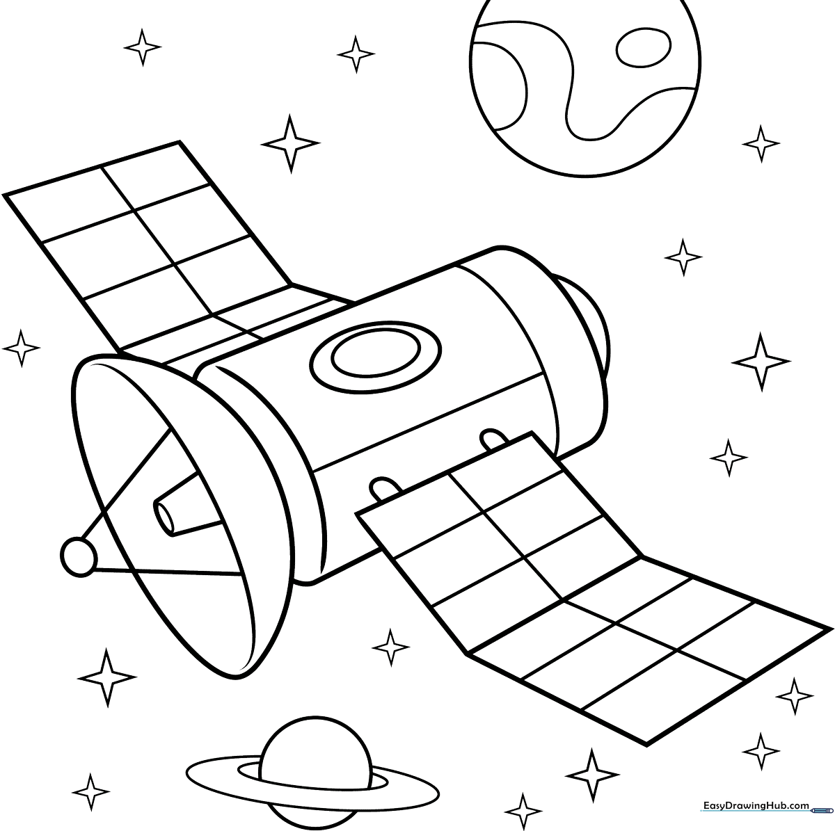 Black and white line art of a satellite with solar panels and a central body, designed for children to color.