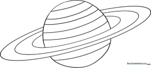 Black and white line art of the planet Saturn with its iconic rings, designed for children to color with markers or crayons.