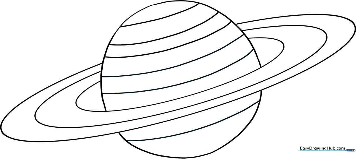 Black and white line art of the planet Saturn with its iconic rings, designed for children to color with markers or crayons.