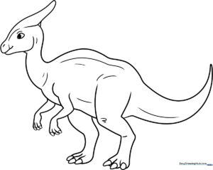 Black and white line art of a Saurolophus dinosaur with a prominent head crest, ready for children to color.