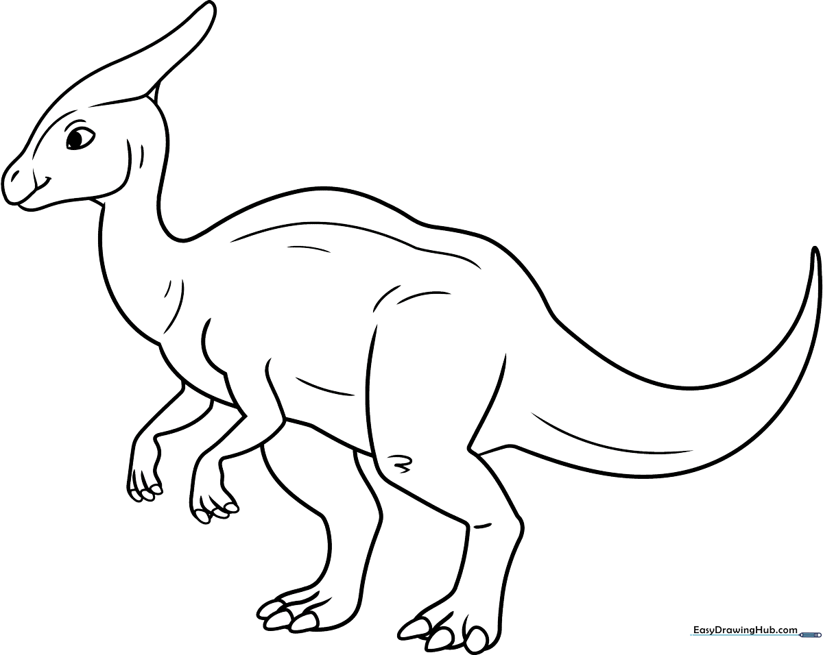 Black and white line art of a Saurolophus dinosaur with a prominent head crest, ready for children to color.