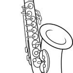 A clear, bold-lined coloring page of a classic saxophone, featuring a curved neck, bell, and detailed keys for young artists to color.