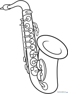 A clear, bold-lined coloring page of a classic saxophone, featuring a curved neck, bell, and detailed keys for young artists to color.