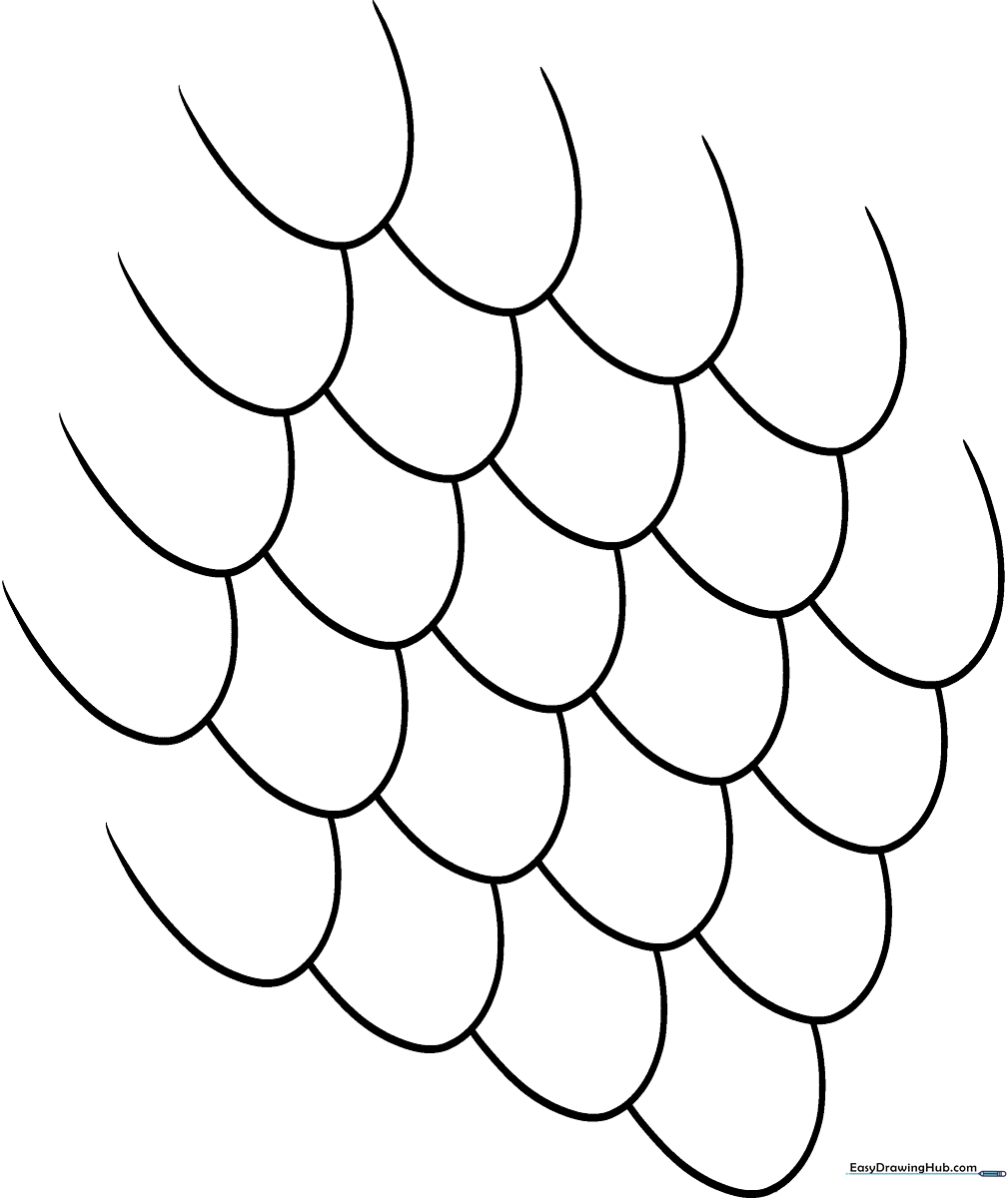 Close-up view of overlapping fish scale patterns on a white background, designed for children to practice coloring within defined geometric boundaries.