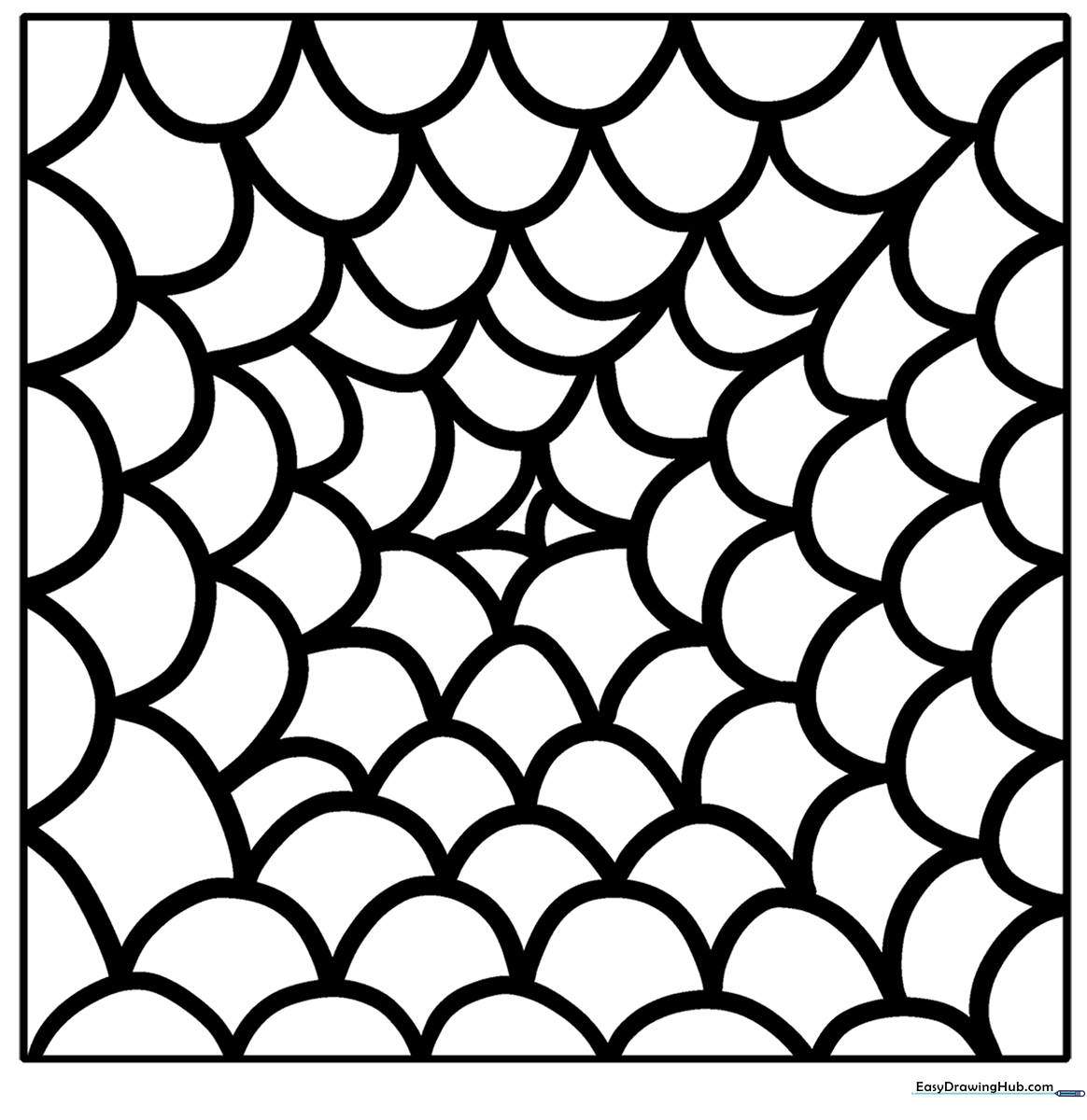 Black and white line art featuring a repeating fish-scale pattern designed for meditative Zentangle coloring and fine motor skill practice.