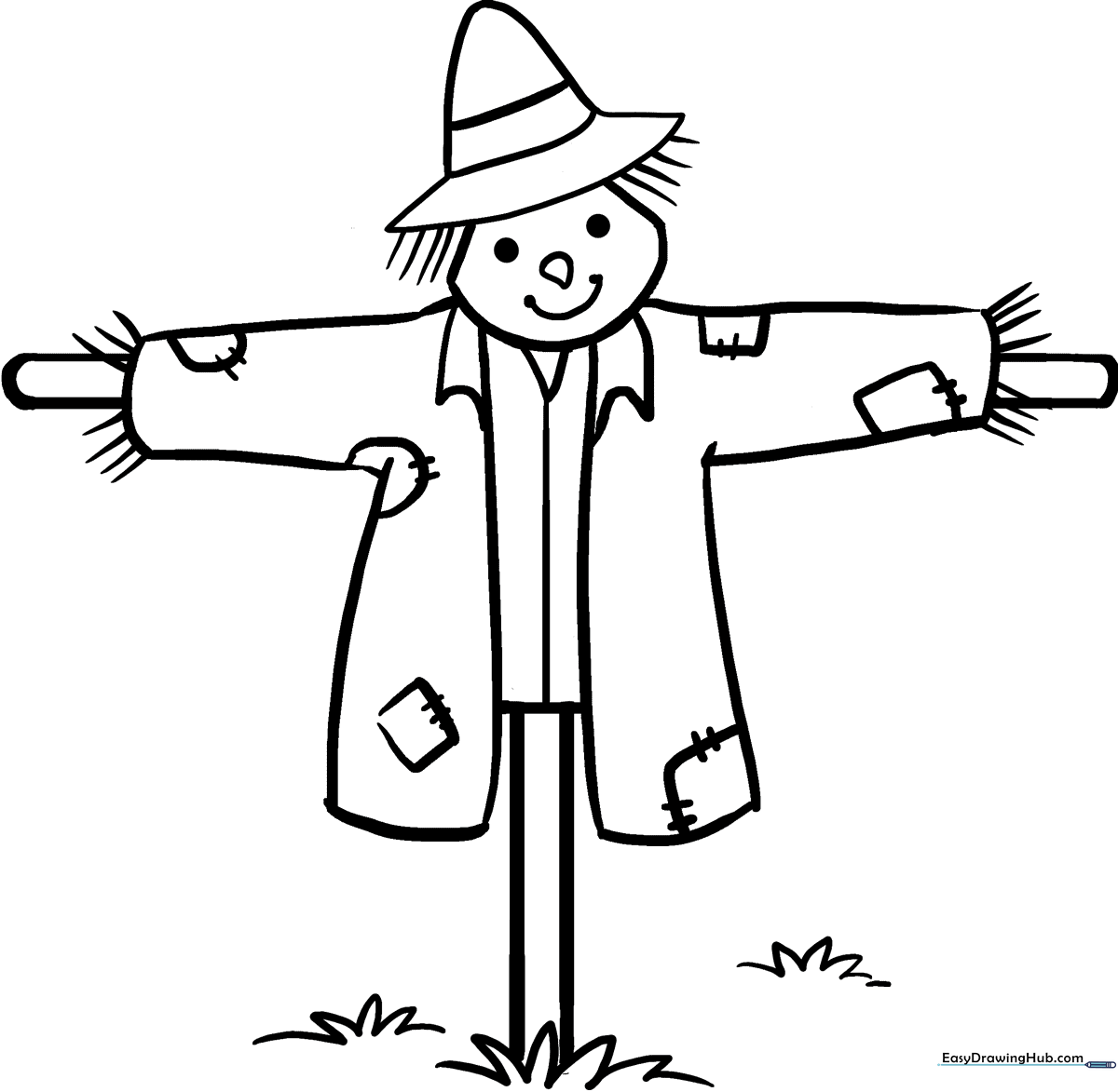 A friendly scarecrow wearing a wide-brimmed hat and patched overalls, featuring clear outlines for easy coloring by children.