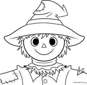 Black and white line art of a friendly scarecrow face with a stitched mouth and hat, ready for coloring.