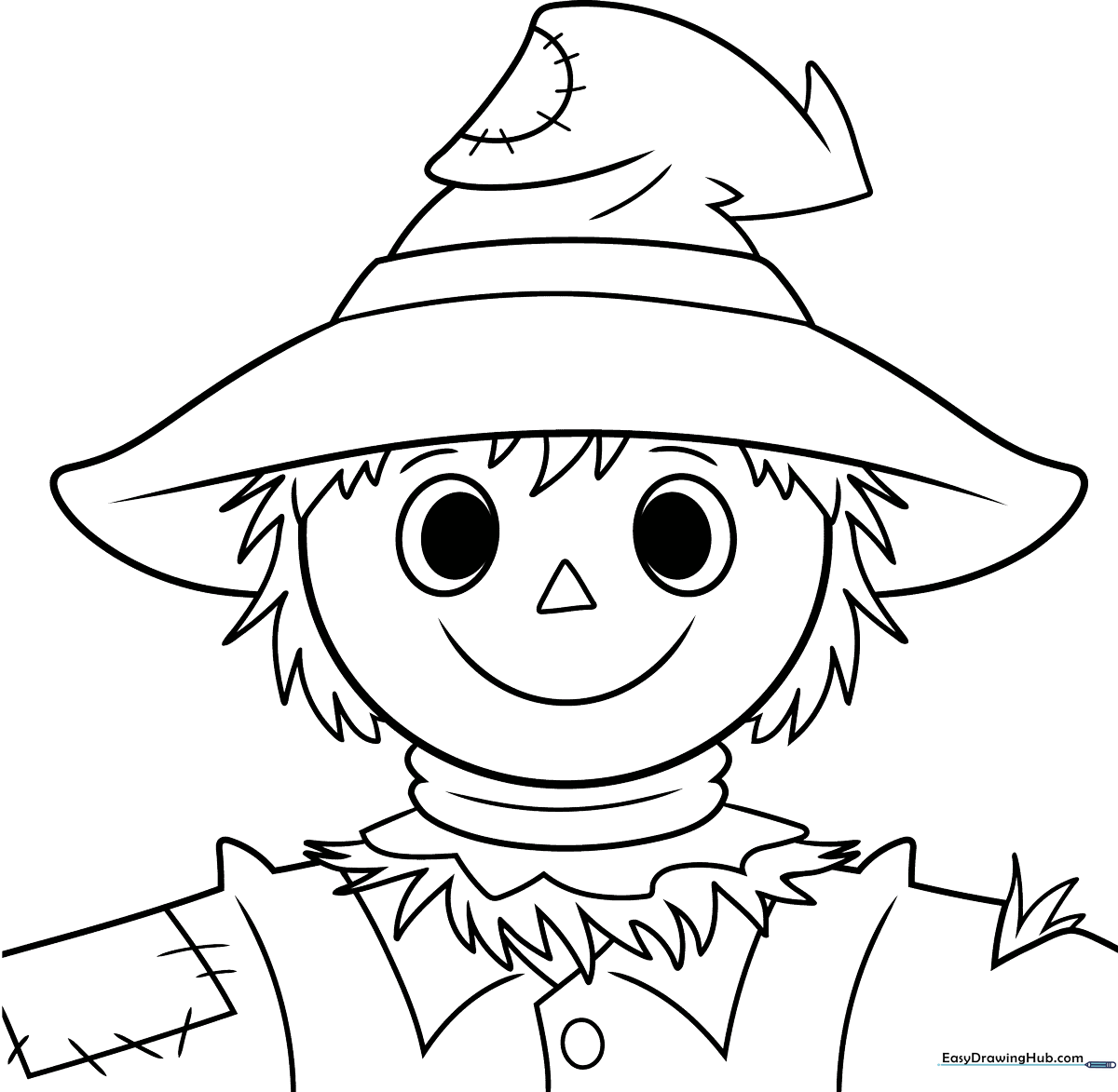 Black and white line art of a friendly scarecrow face with a stitched mouth and hat, ready for coloring.