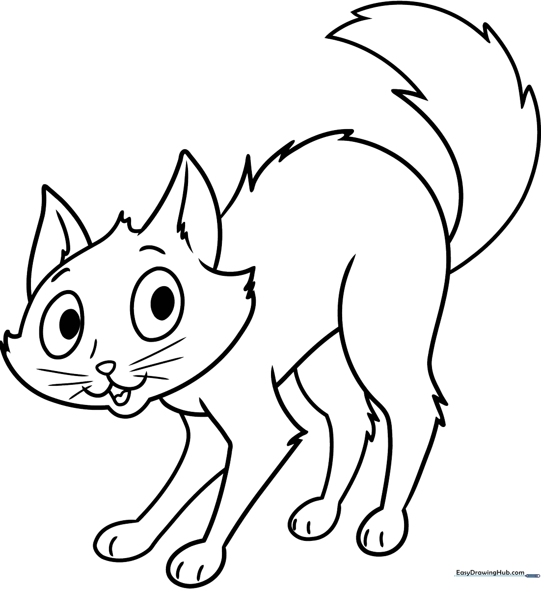 A simple line art drawing of a scared cat with arched back and wide, expressive eyes, ready for children to color.