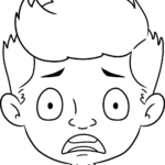 Black and white line art of a cartoon face with wide, fearful eyes and an open, trembling mouth, designed for children to color.