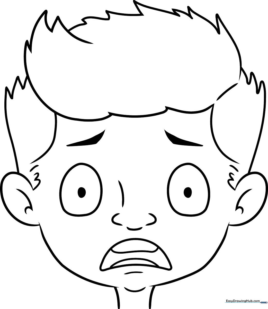 Black and white line art of a cartoon face with wide, fearful eyes and an open, trembling mouth, designed for children to color.