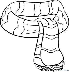 Black and white line art of a winter scarf with fringe, featuring clear outlines for easy coloring by young children.