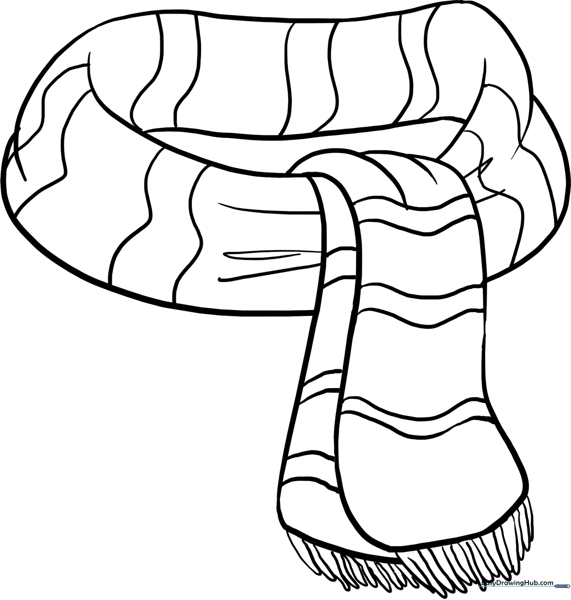 Black and white line art of a winter scarf with fringe, featuring clear outlines for easy coloring by young children.