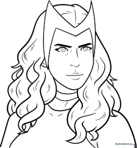 Detailed line art of Scarlet Witch in her iconic costume, featuring clear outlines for easy coloring by children.