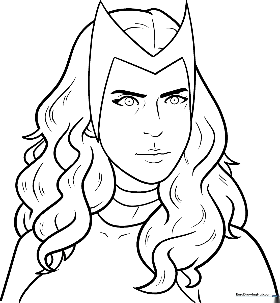 Detailed line art of Scarlet Witch in her iconic costume, featuring clear outlines for easy coloring by children.