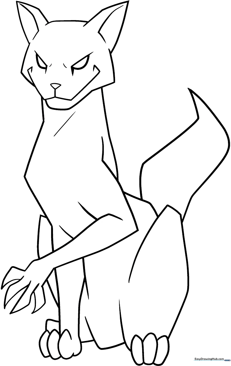 Black and white line art of a spooky cat with an arched back and wide eyes, designed for children to color.