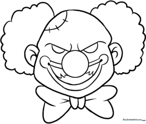 Detailed line art of a scary clown with exaggerated features, perfect for children to color with markers or crayons for a Halloween art project.
