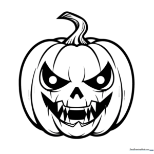 Black and white line art of a grinning jack-o'-lantern with jagged triangular eyes and a toothy mouth, ready for children to color.