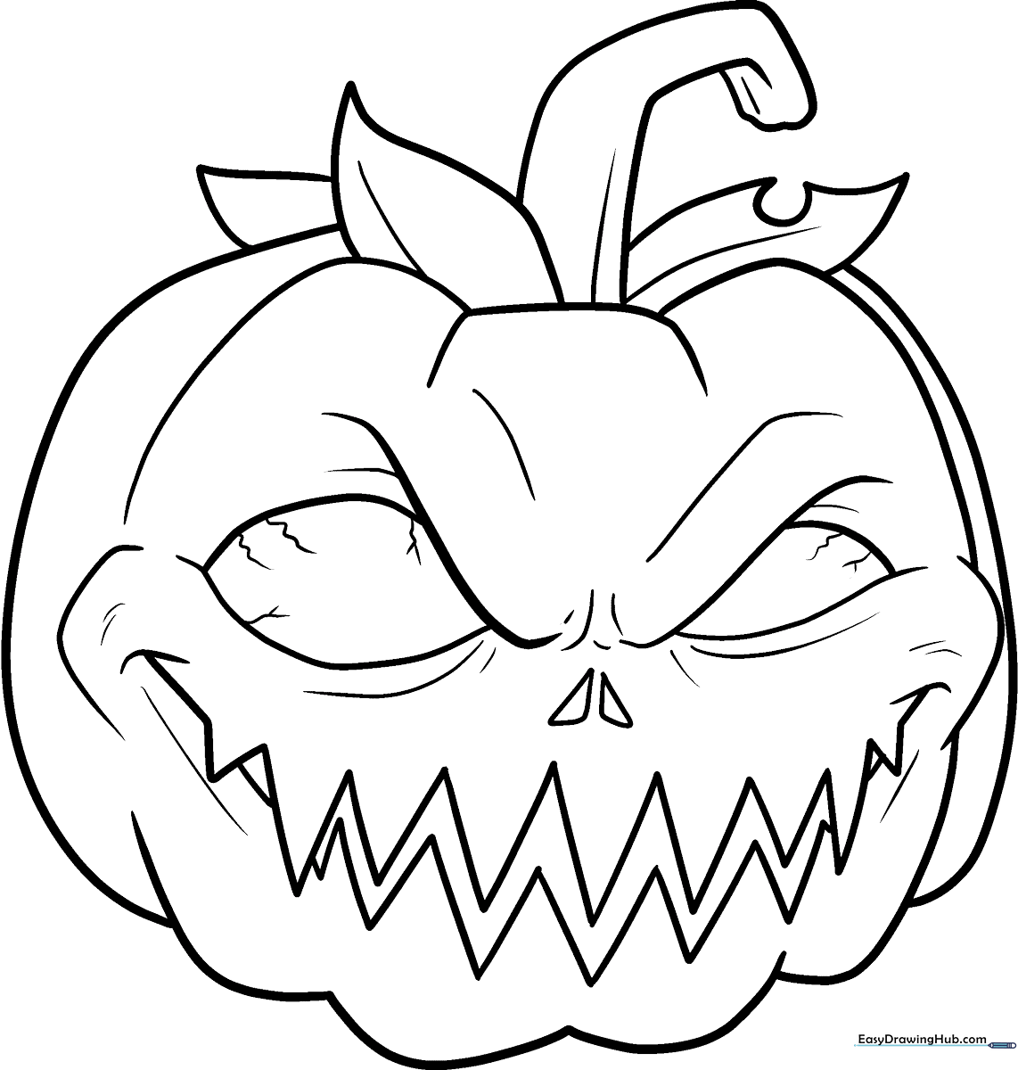Black and white line art of a grinning jack-o'-lantern with jagged teeth and triangular eyes, ready for children to color.