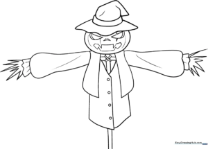 A cartoon scarecrow with a stitched mouth and tattered hat, featuring bold outlines for easy coloring by children.