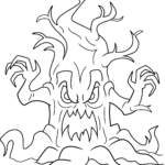 Black and white line art of a spooky cartoon tree with gnarled, twisting branches and a wide, hollow trunk, ready for coloring.