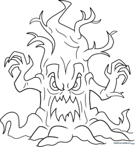 Black and white line art of a spooky cartoon tree with gnarled, twisting branches and a wide, hollow trunk, ready for coloring.