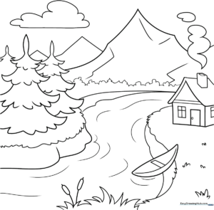 Black and white line art of a peaceful countryside landscape featuring rolling hills, a bright sun, and fluffy clouds, designed for children's coloring.