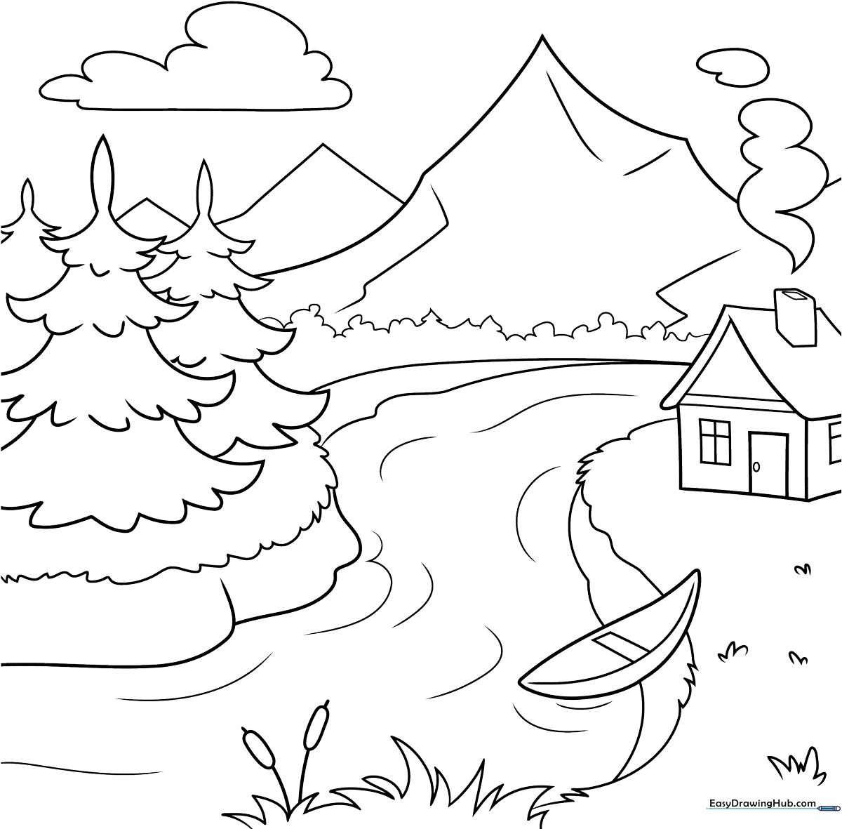 Black and white line art of a peaceful countryside landscape featuring rolling hills, a bright sun, and fluffy clouds, designed for children's coloring.
