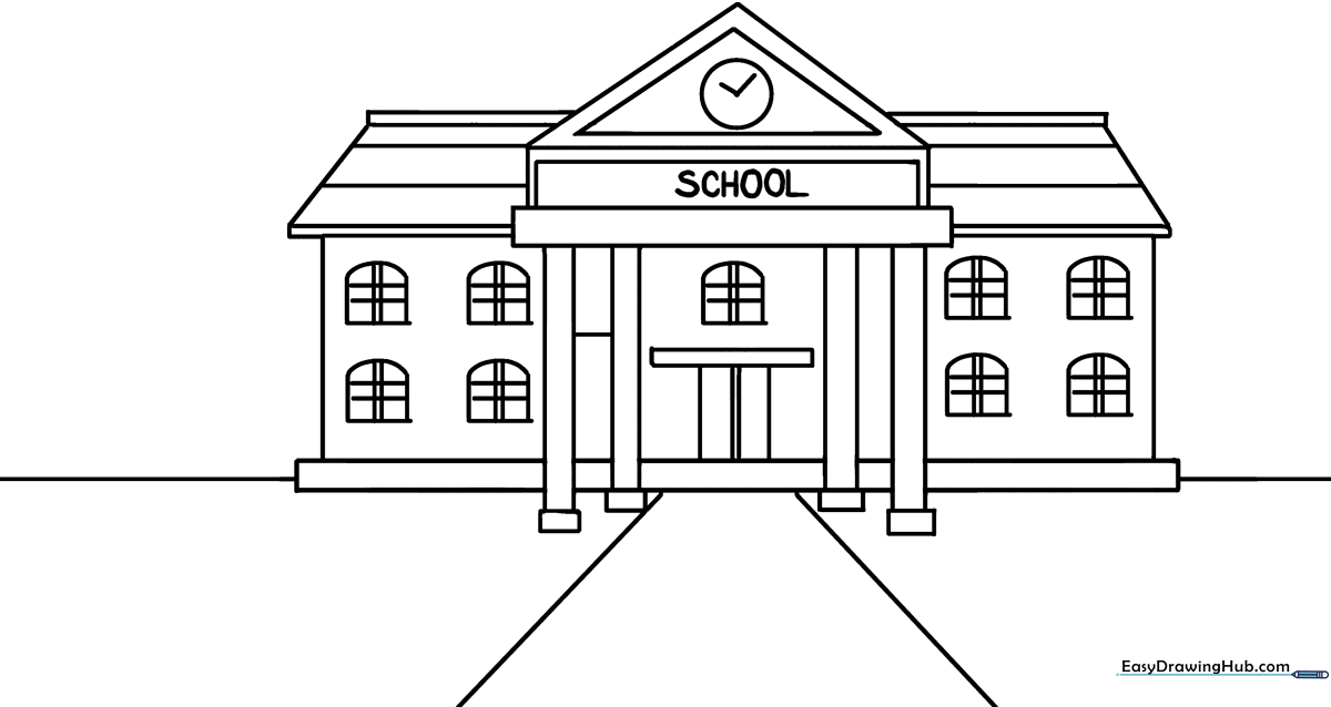 Black and white line art of a friendly school building with a clock tower, perfect for children to color with markers or crayons.