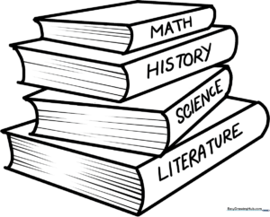 A clean, black-and-white line drawing of a stack of three school books, featuring thick outlines suitable for young children to color with crayons or markers.