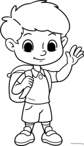 Line art of a young school boy wearing a collared shirt and backpack, ready for coloring.
