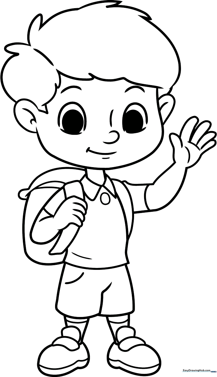 Line art of a young school boy wearing a collared shirt and backpack, ready for coloring.